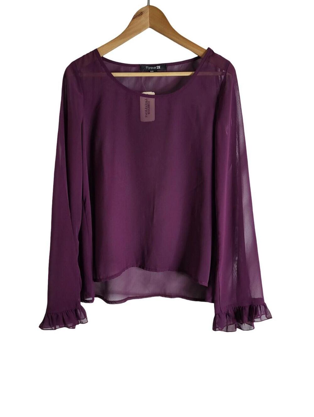 Forever 21 Purple Chiffon Long Sleeve Semi-shear Ruffled Cuff Blouse Size M NWT
